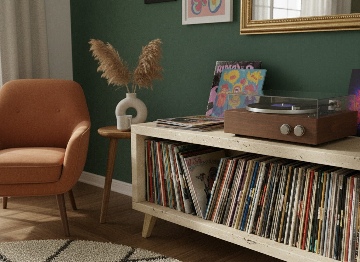 レコードプレーヤー用ロープロファイルスタンド（レコード収納付き）– ターンテーブル台＆LP収納ラック