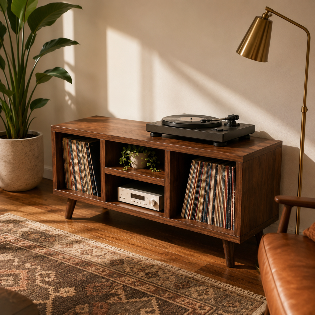 Modern Record Player Stand with Vinyl Storage – Turntable Stand & LP Organizer