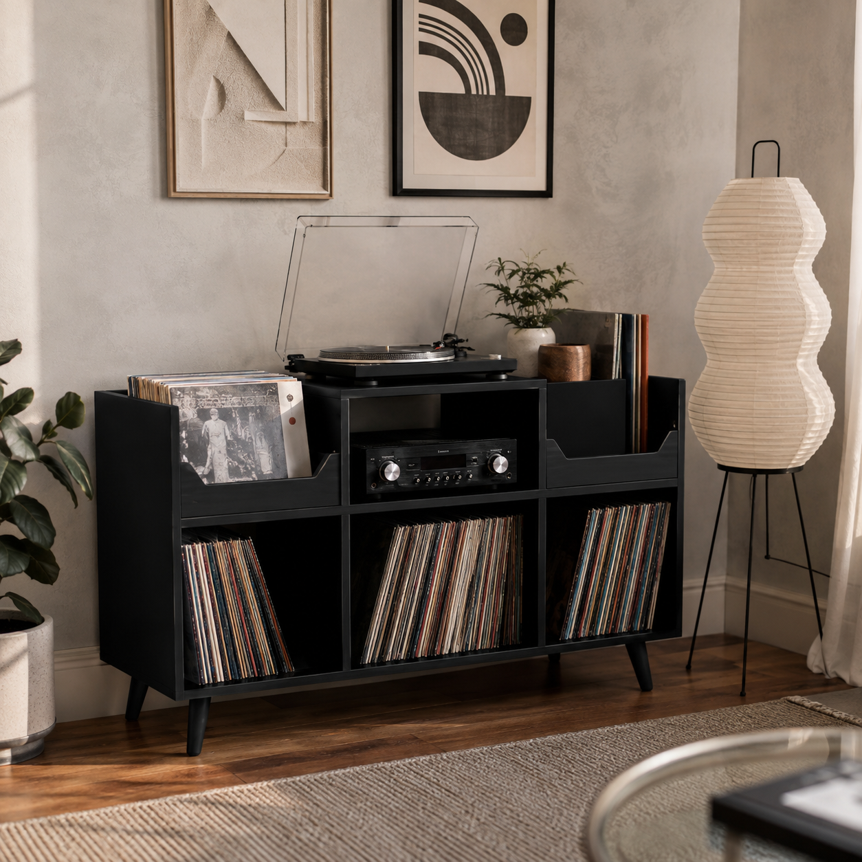 Mid-Century Record Player Stand with Vinyl Storage – Turntable Console & LP Organizer
