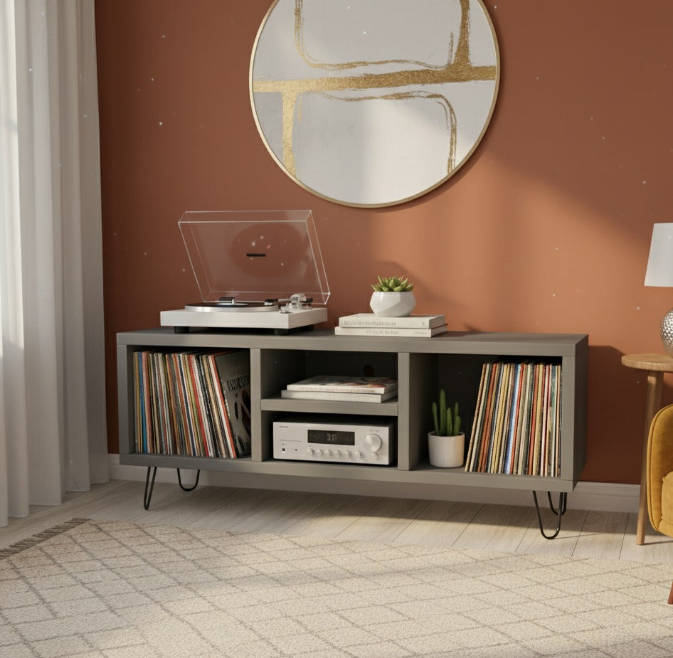 Low Profile Record Player Stand with Vinyl Storage – Turntable Cabinet & LP Organizer