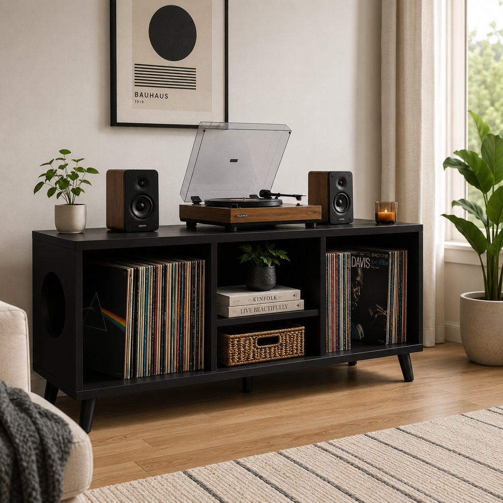 Modern Record Player Stand with Vinyl Storage – Turntable Cabinet & LP Organizer