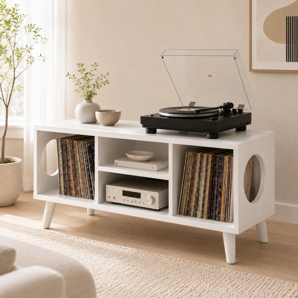 Modern Record Player Stand with Vinyl Storage – Low Turntable Stand & LP Organizer
