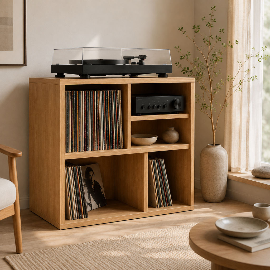 Narrow Turntable Stand with Vinyl Record Storage – Compact Record Player Cabinet