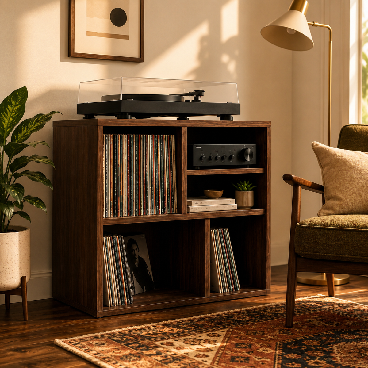 Narrow Turntable Stand with Vinyl Record Storage – Compact Record Player Cabinet