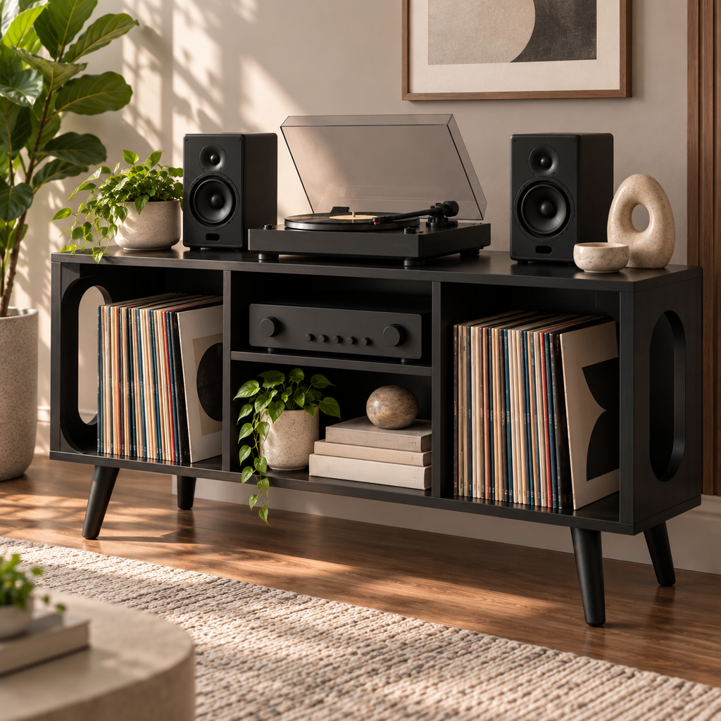 Vinyl Record Storage Console with Turntable Stand – Modern LP Media Cabinet