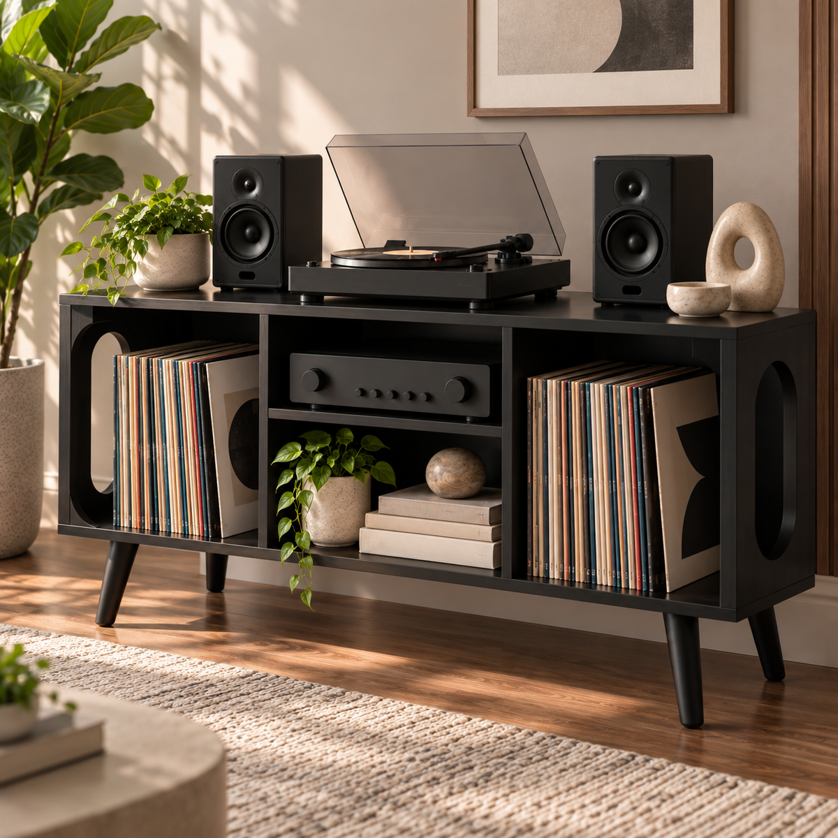 Vinyl Record Storage Console with Turntable Stand – Modern LP Media Cabinet