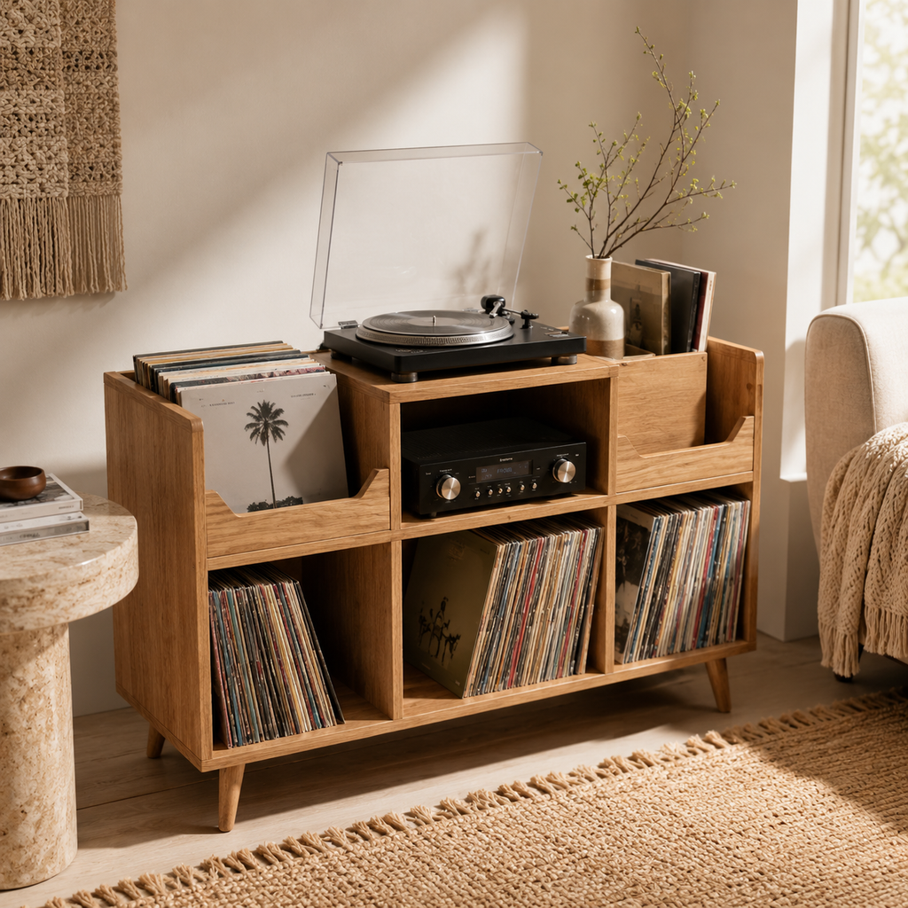 Mid-Century Record Player Stand with Vinyl Storage – Turntable Console & LP Organizer