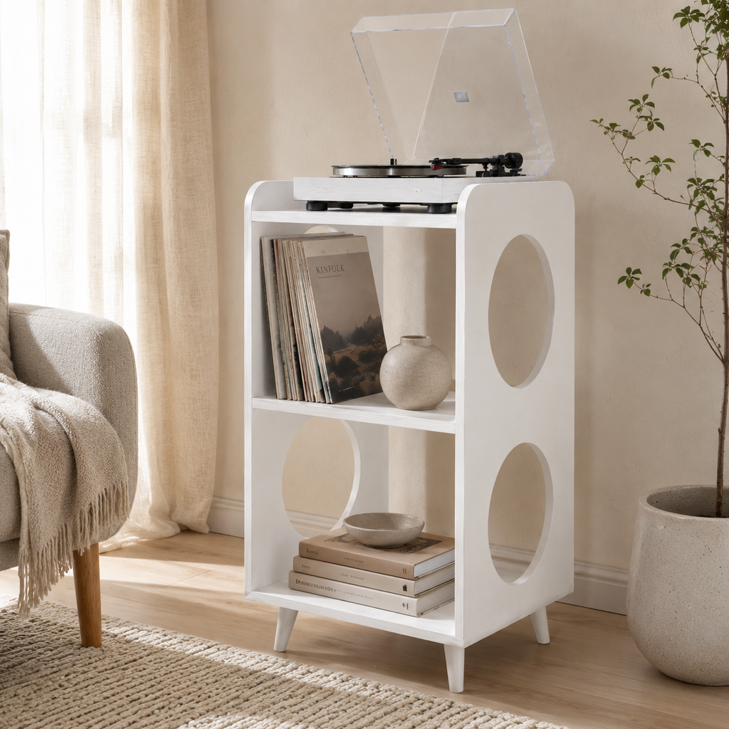 Mid-Century Record Player Stand with Vinyl Storage – Narrow Turntable Stand & LP Organizer
