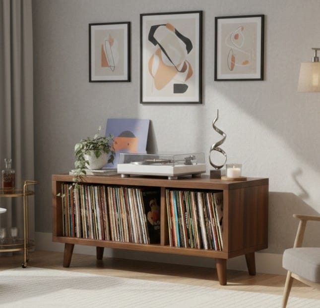 Modern Record Player Stand with Vinyl Storage – Turntable Console & LP Organizer