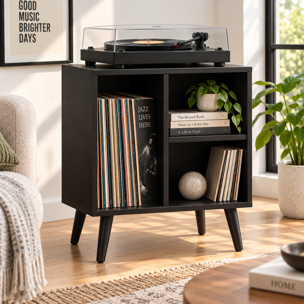 Narrow Record Player Stand with Vinyl Storage – Compact Turntable Cabinet