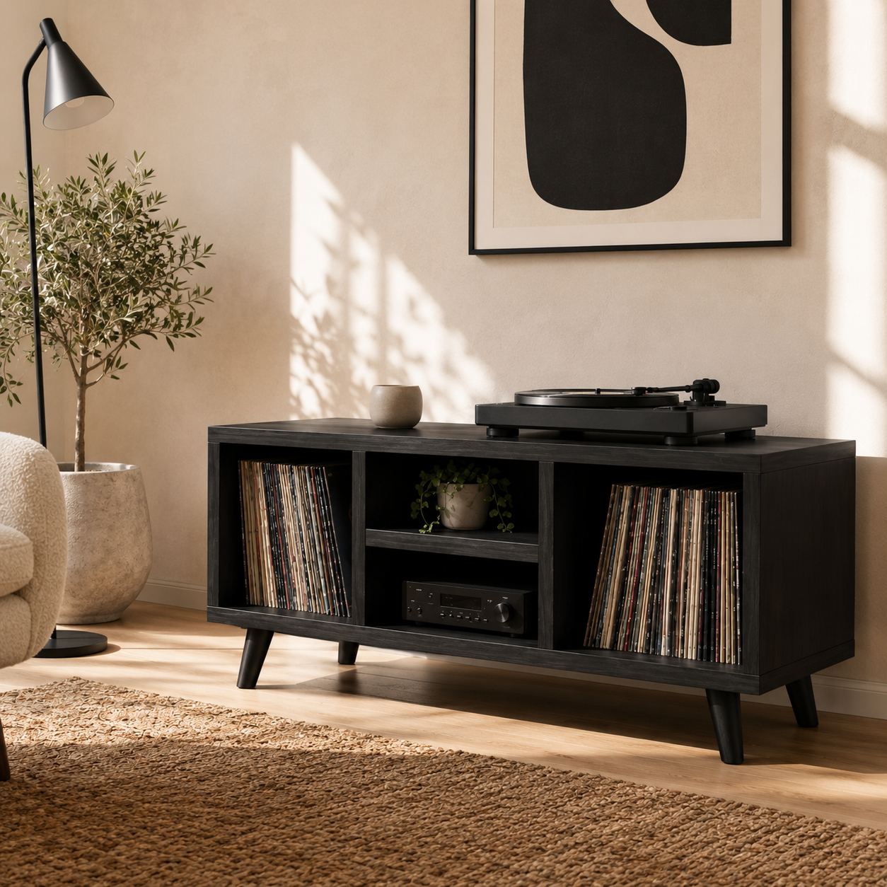 Modern Record Player Stand with Vinyl Storage – Turntable Stand & LP Organizer