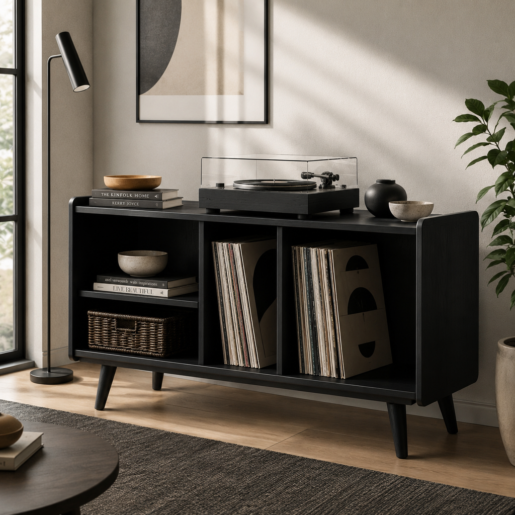 Mid-Century Record Player Stand with Vinyl Storage – Turntable Console & LP Storage Cabinet