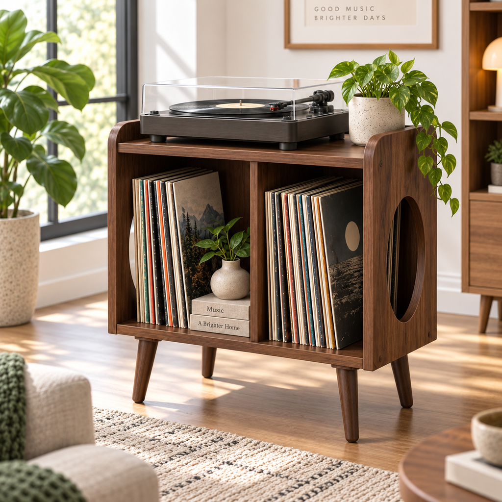 Compact Record Player Stand with Vinyl Storage – Turntable Stand & LP Organizer, 45 cm Wide