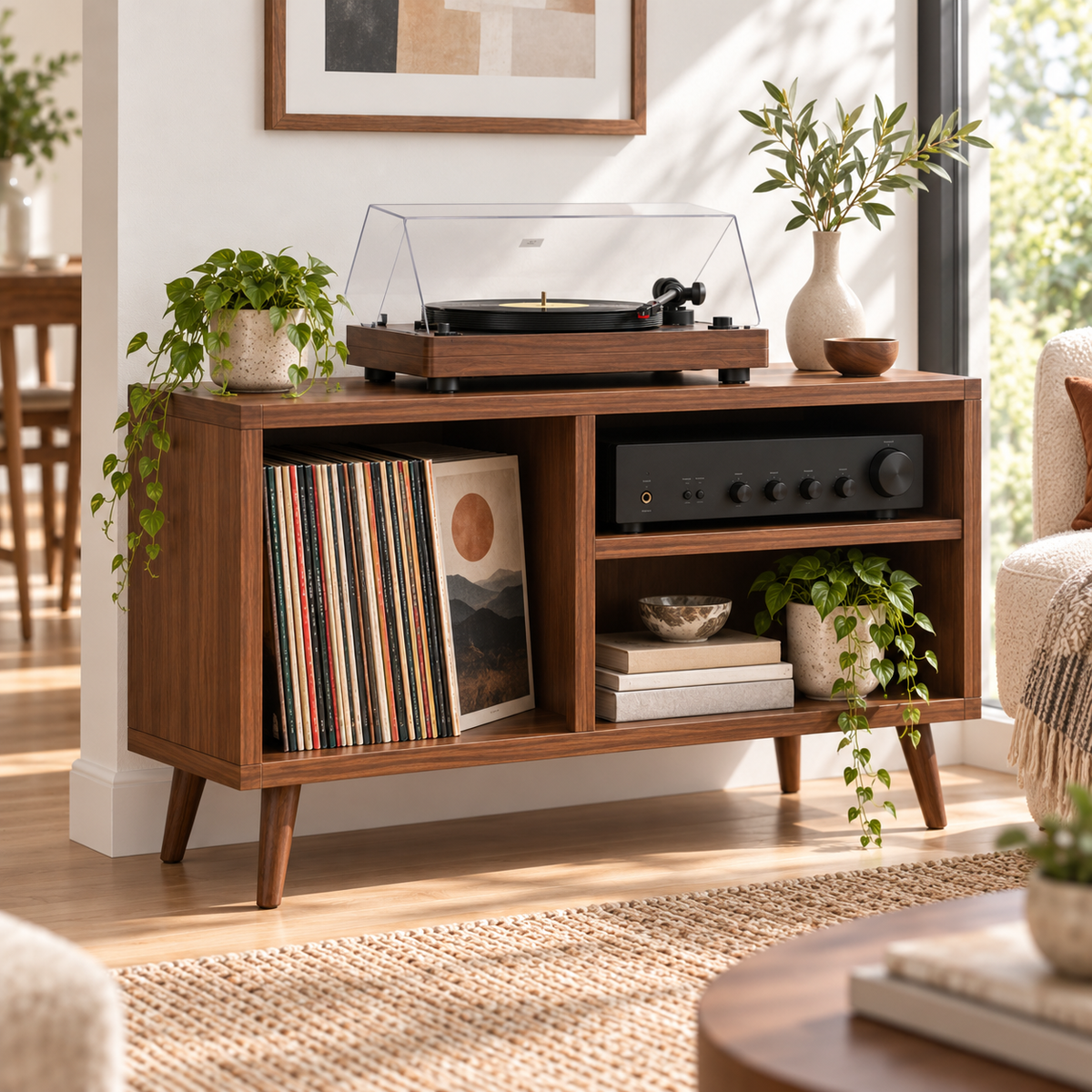 Modern Record Player Stand with Vinyl Storage – Turntable Table & LP Organizer