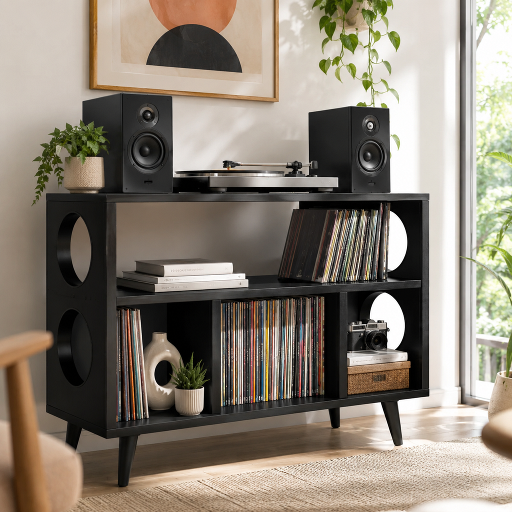Mid-Century Record Player Stand with Vinyl Storage – Turntable Stand & LP Organizer