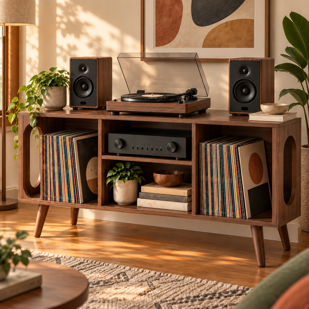 Vinyl Record Storage Console with Turntable Stand – Modern LP Media Cabinet
