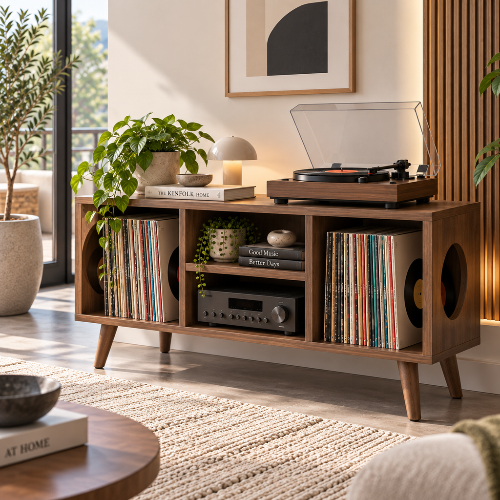 Vinyl Record Storage Console with Turntable Stand – Modern LP Media Cabinet