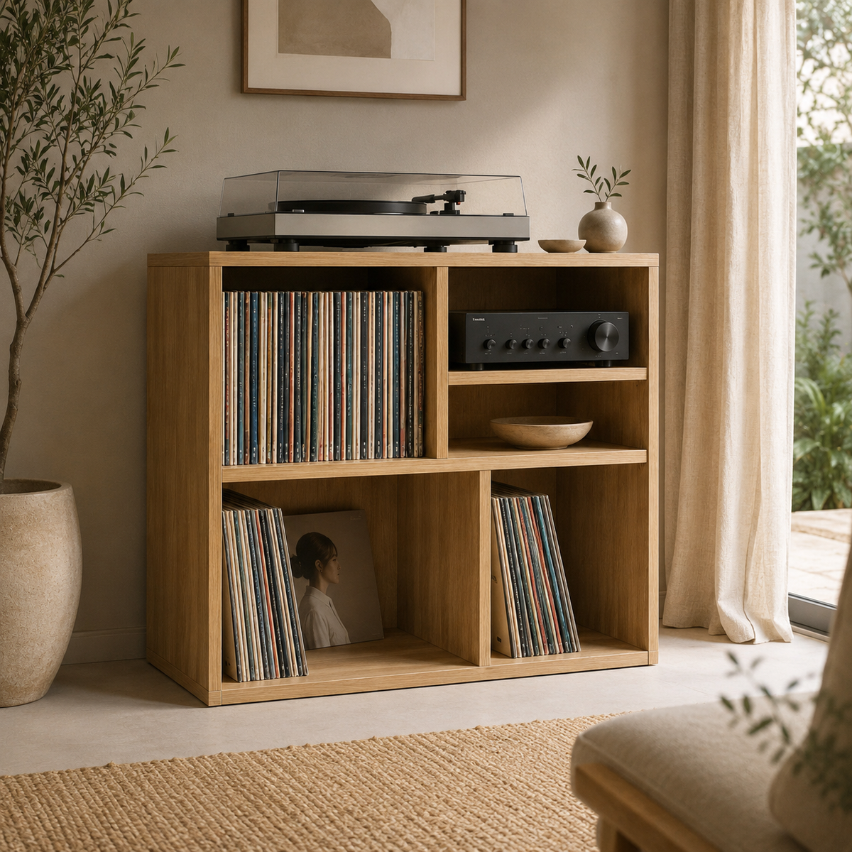 Narrow Turntable Stand with Vinyl Record Storage – Compact Record Player Cabinet