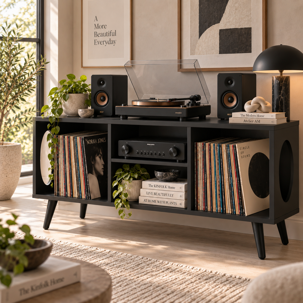 Vinyl Record Storage Console & Turntable Stand | LP Cabinet