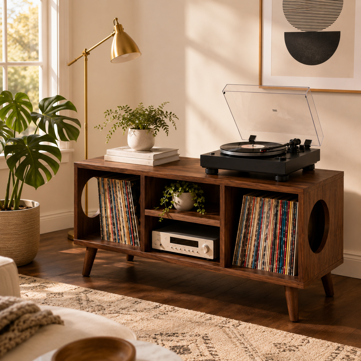 Modern Record Player Stand with Vinyl Storage – Low Turntable Stand & LP Organizer