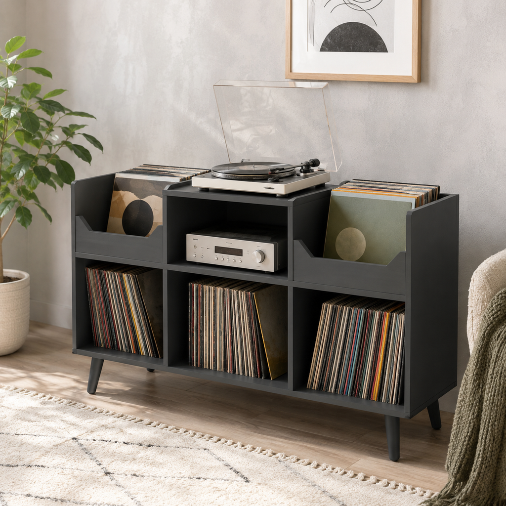 Mid-Century Record Player Stand with Vinyl Storage – Turntable Console & LP Organizer