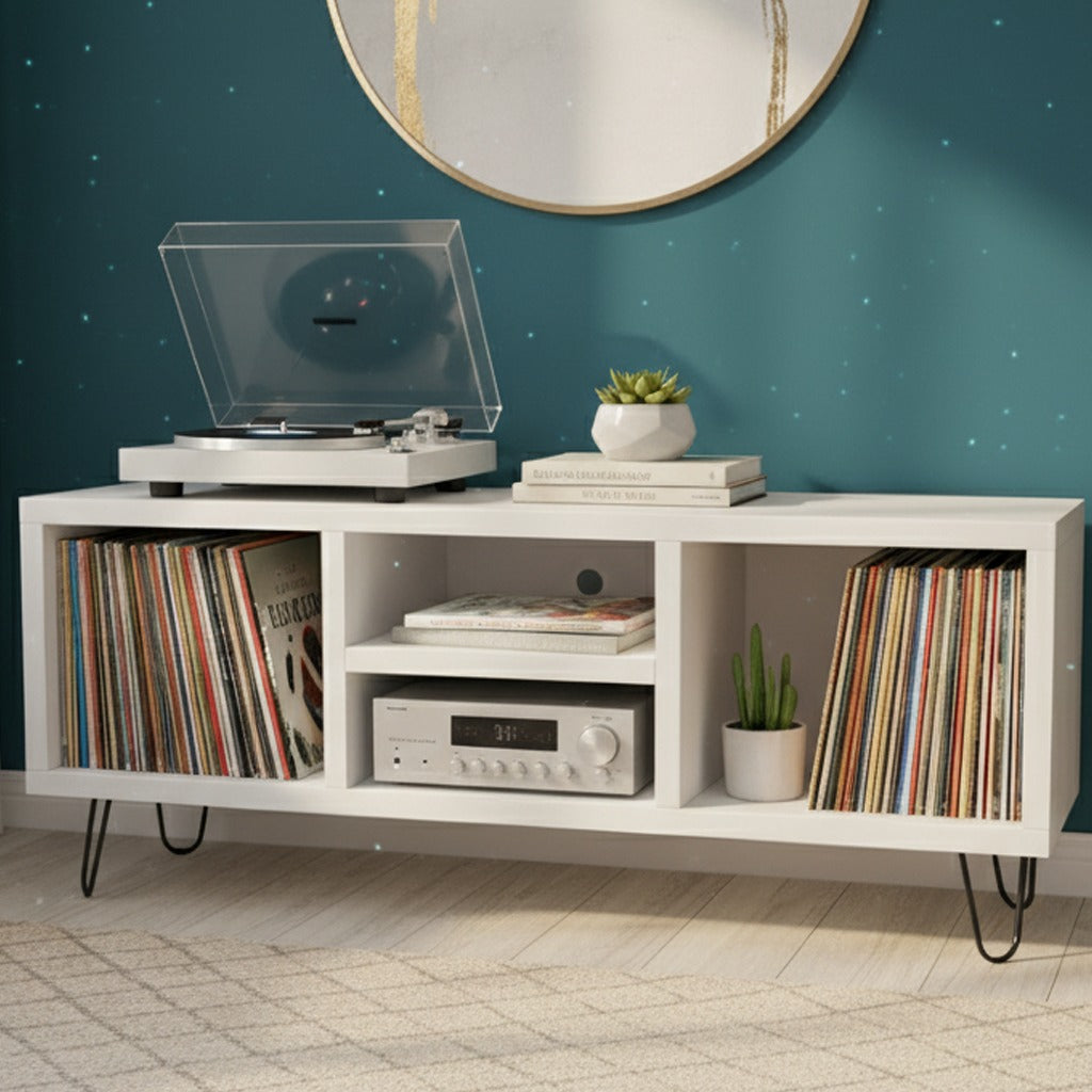 Low Profile Record Player Stand with Vinyl Storage – Turntable Cabinet & LP Organizer