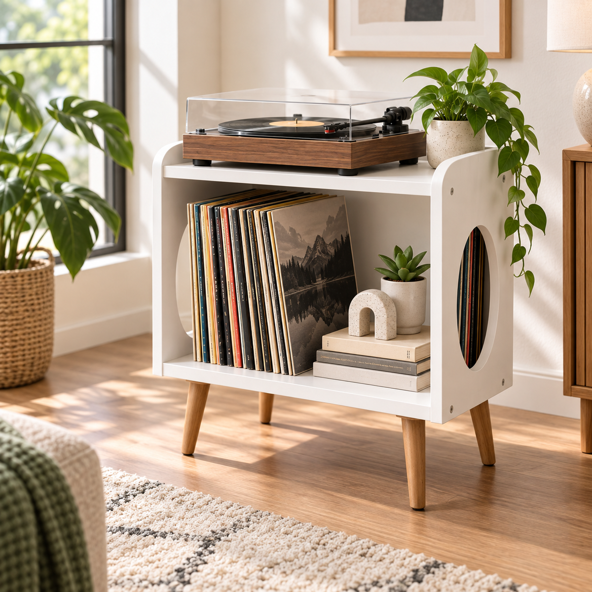 レコードプレーヤー用スリムスタンド（レコード収納付き）– コンパクトターンテーブルキャビネット（幅45cm）