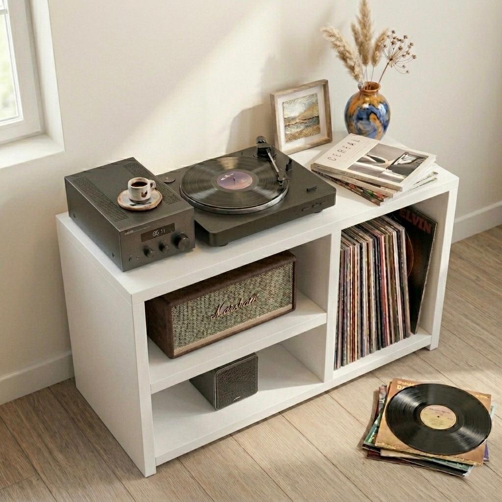 Low Record Player Stand with Vinyl Storage – Turntable Stand & LP Organizer