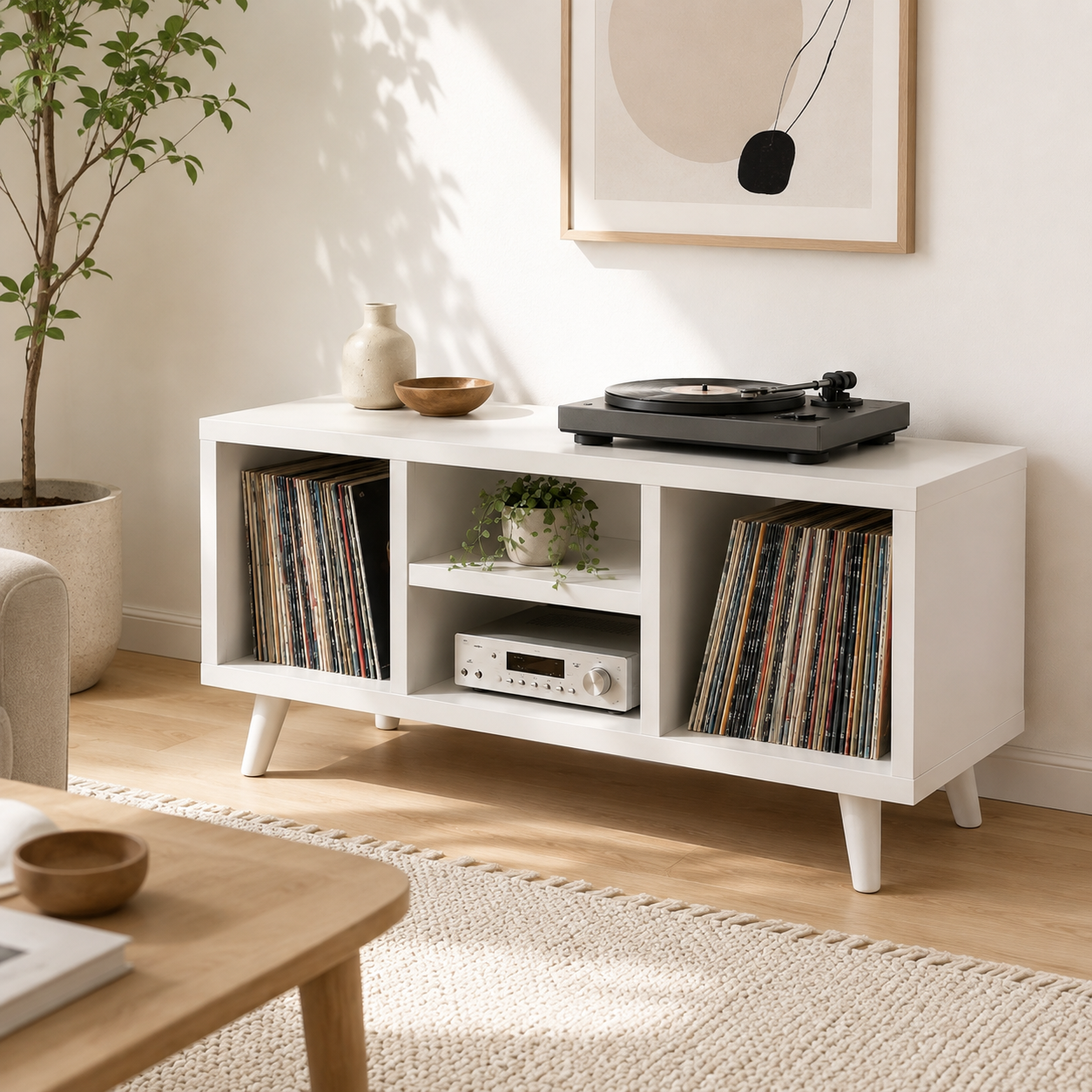 Modern Record Player Stand with Vinyl Storage – Turntable Stand & LP Organizer