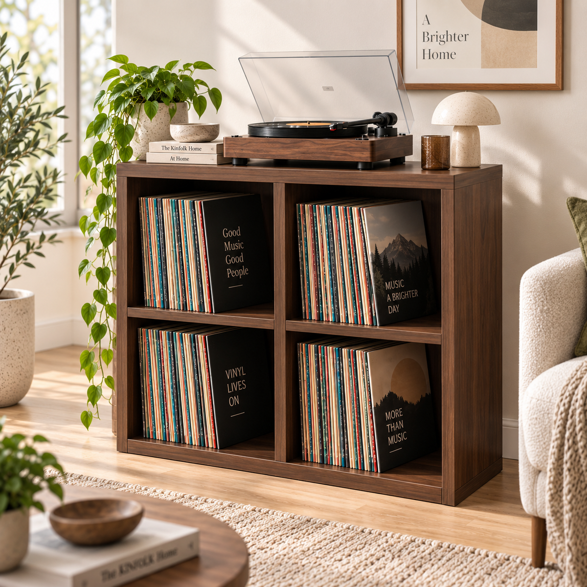 حامل جهاز تسجيل مع مساحة لتخزين أسطوانات الفينيل - طاولة عصرية لجهاز الجراموفون ومنظم لأسطوانات الفينيل