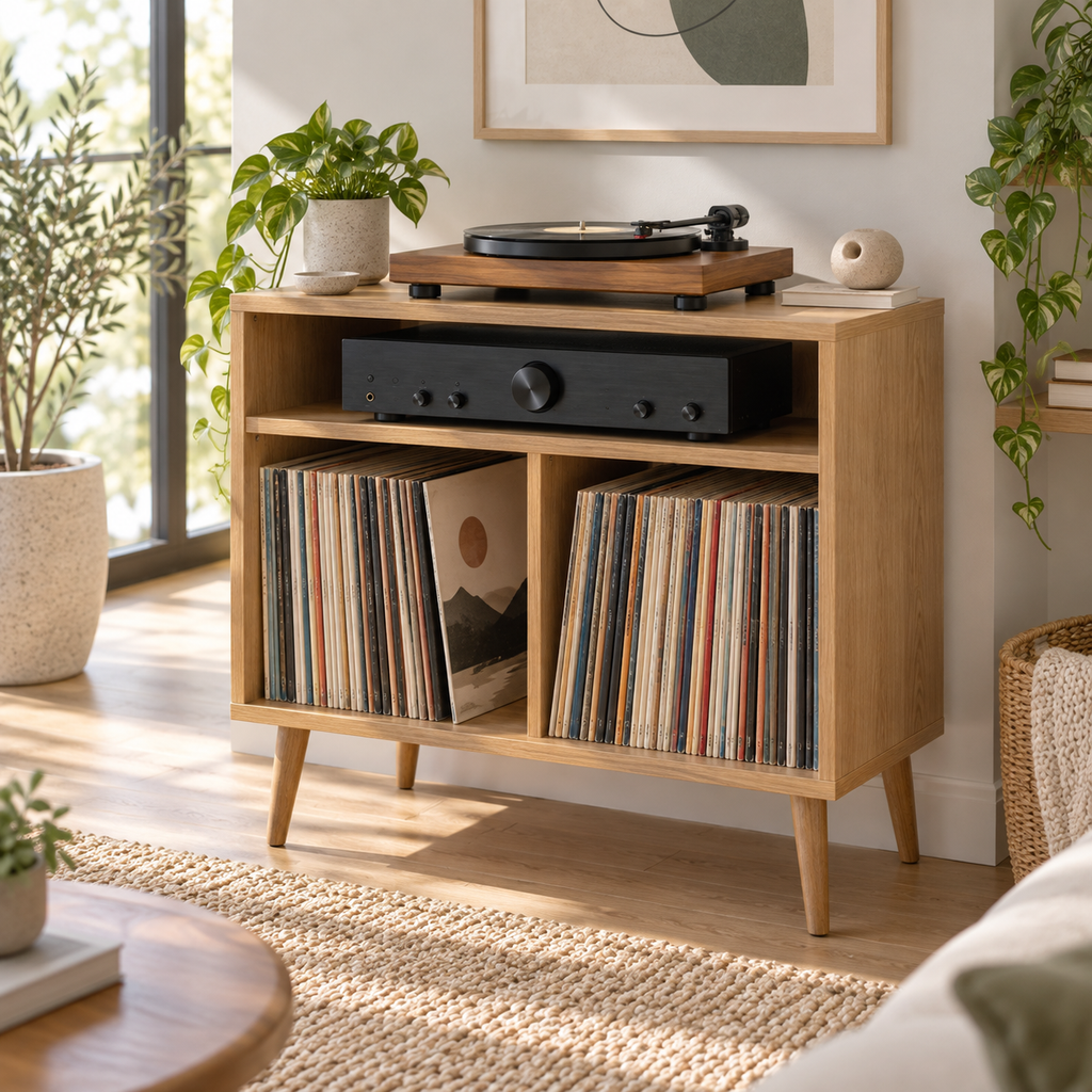 Record Player Stand with Vinyl Storage – Compact Turntable Stand & LP Organizer