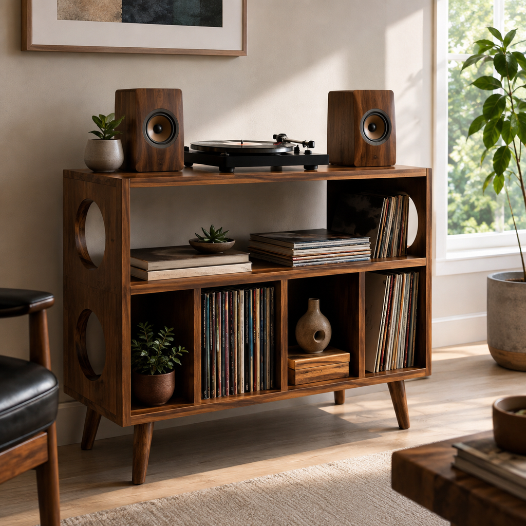 Mid-Century Record Player Stand with Vinyl Storage – Turntable Stand & LP Organizer