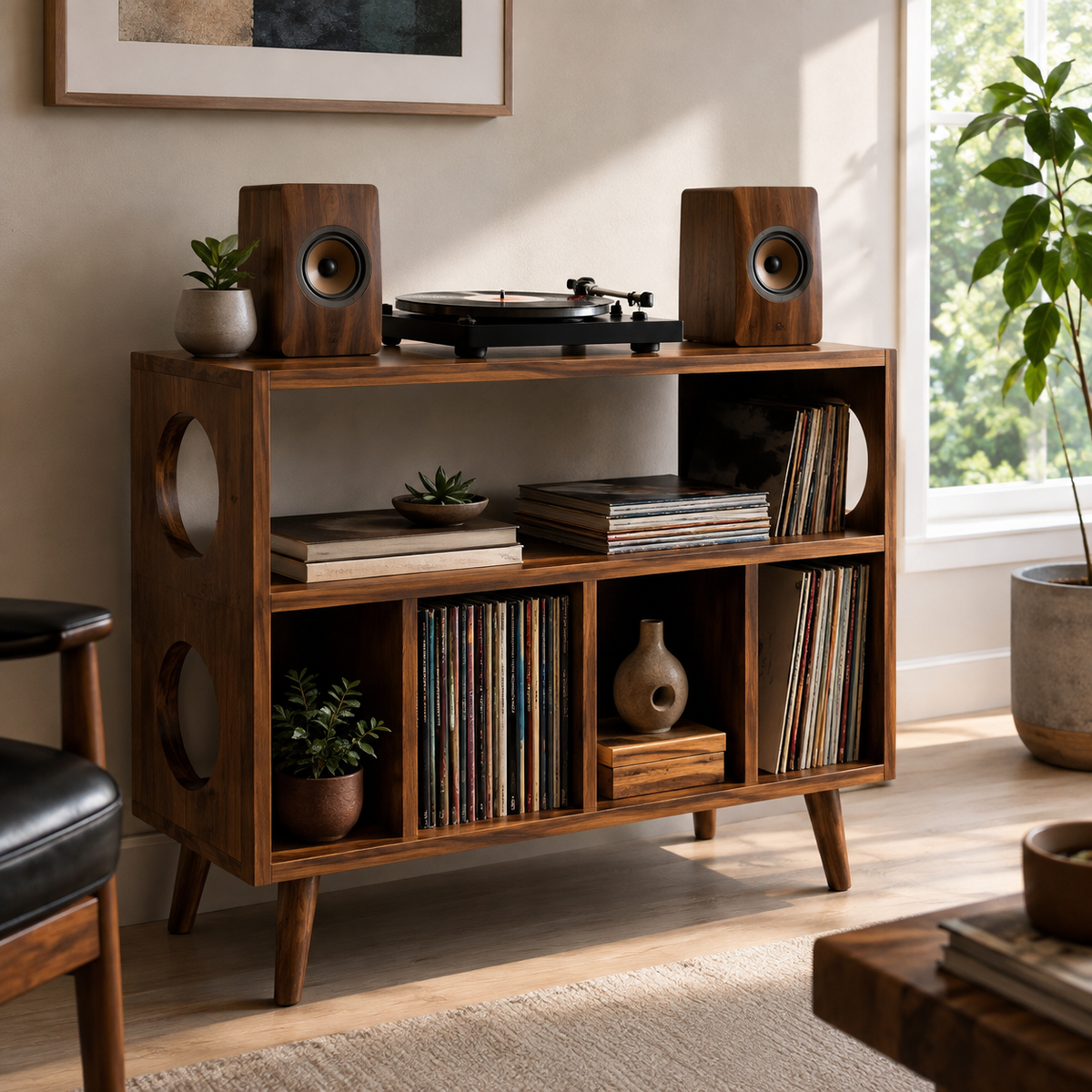 Mid-Century Record Player Stand with Vinyl Storage – Turntable Stand & LP Organizer