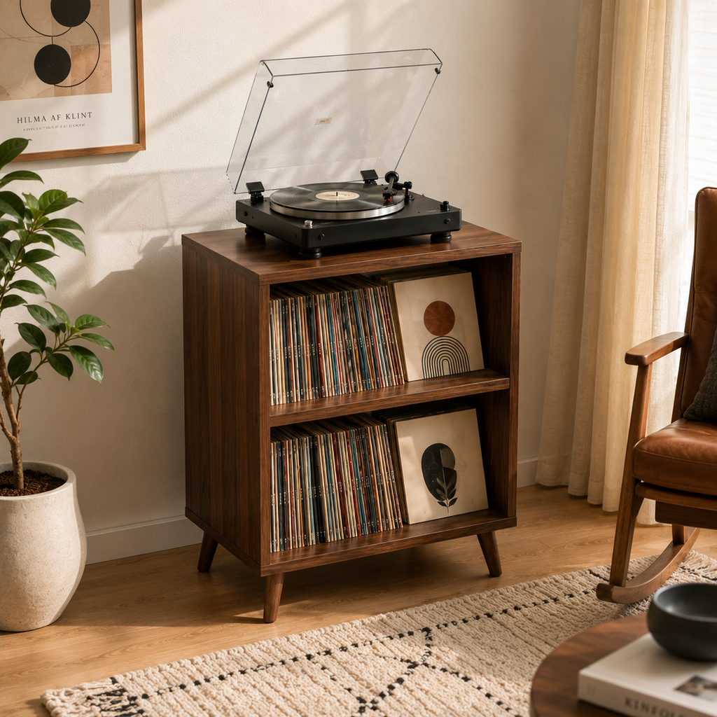 Tall Record Player Stand with Vinyl Storage – Modern Turntable Stand & LP Organizer