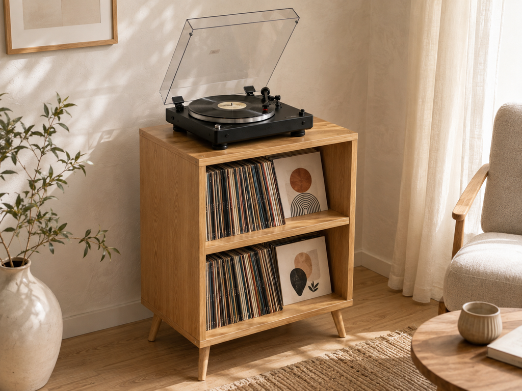 Tall Record Player Stand with Vinyl Storage – Modern Turntable Stand & LP Organizer