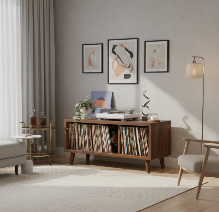 Modern Record Player Stand with Vinyl Storage – Turntable Console & LP Organizer