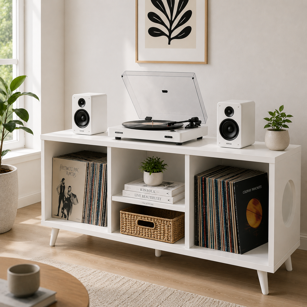 Modern Record Player Stand with Vinyl Storage – Turntable Cabinet & LP Organizer