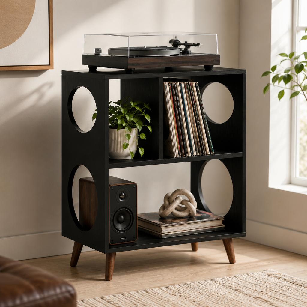 Narrow Record Player Stand with Vinyl Storage – Mid-Century Turntable Stand & LP Organizer