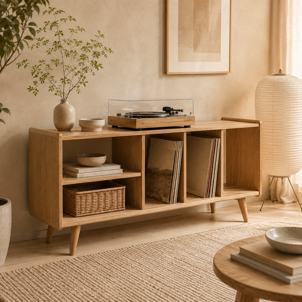 Mid-Century Record Player Stand with Vinyl Storage – Turntable Console & LP Storage Cabinet