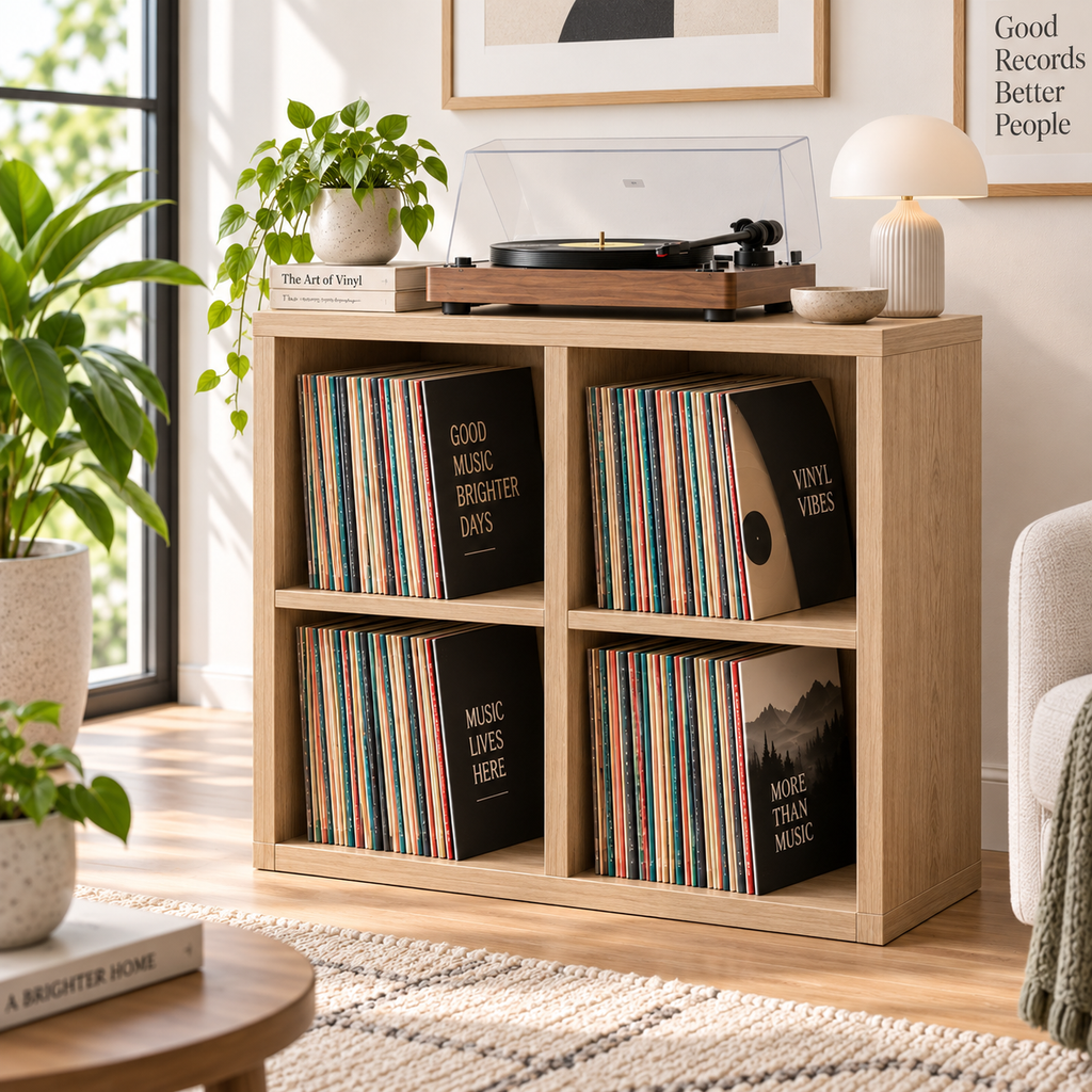 حامل جهاز تسجيل مع مساحة لتخزين أسطوانات الفينيل - طاولة عصرية لجهاز الجراموفون ومنظم لأسطوانات الفينيل