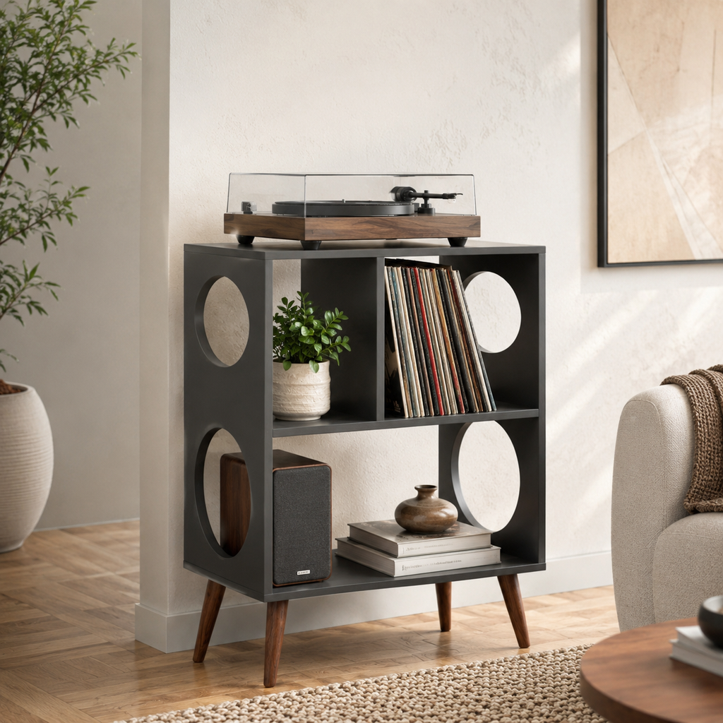 Narrow Record Player Stand with Vinyl Storage – Mid-Century Turntable Stand & LP Organizer