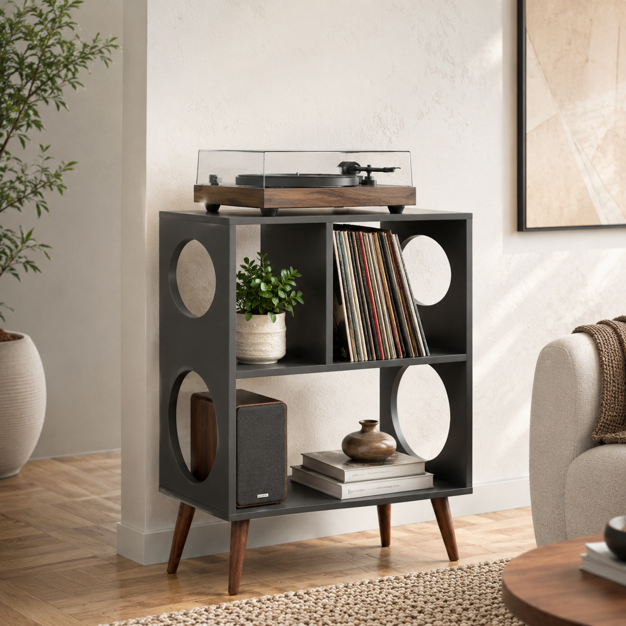 Narrow Record Player Stand with Vinyl Storage – Mid-Century Turntable Stand & LP Organizer