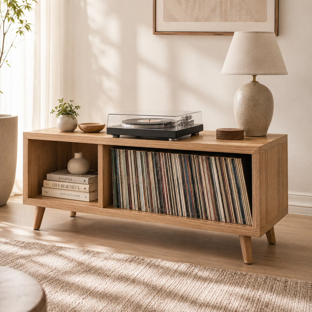 Mid-Century Record Player Stand with Vinyl Storage – LP Organizer & Turntable Stand