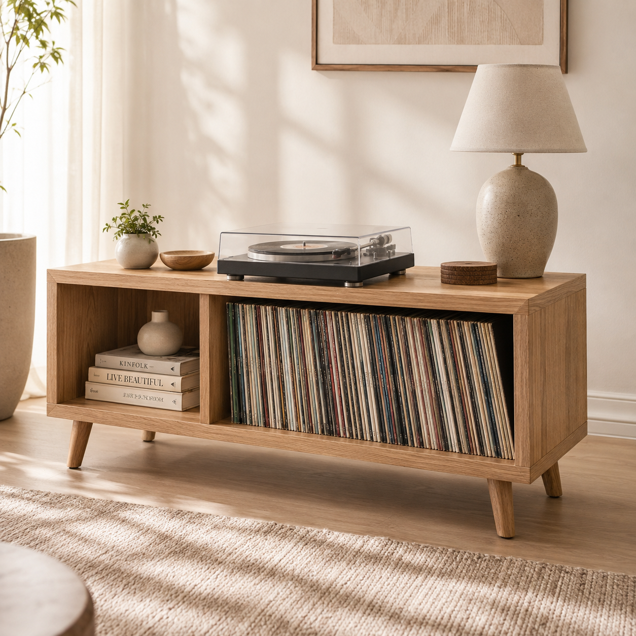 Mid-Century Record Player Stand with Vinyl Storage – LP Organizer & Turntable Stand