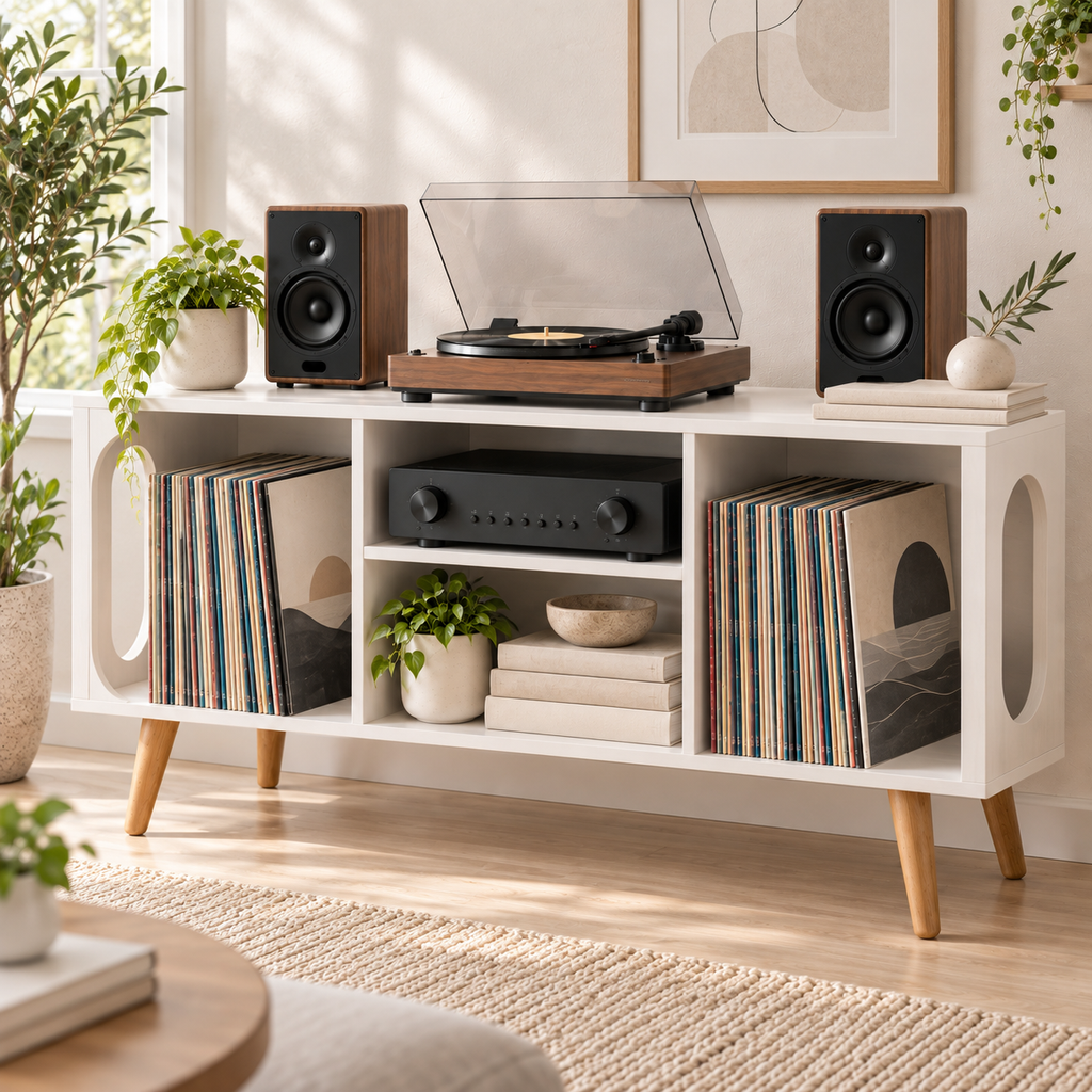 Vinyl Record Storage Console with Turntable Stand – Modern LP Media Cabinet