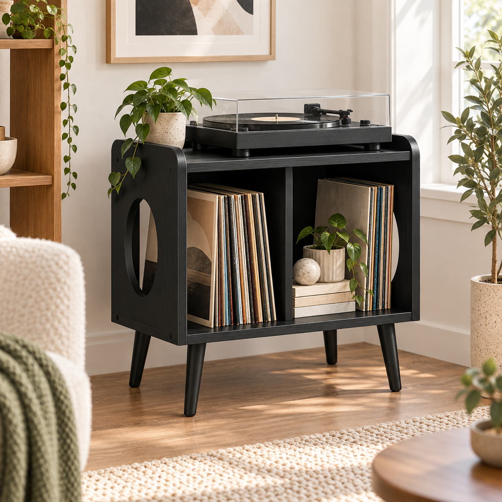 Compact Record Player Stand with Vinyl Storage – Turntable Stand & LP Organizer, 45 cm Wide