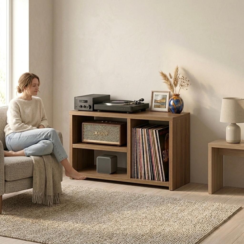 Low Record Player Stand with Vinyl Storage – Turntable Stand & LP Organizer