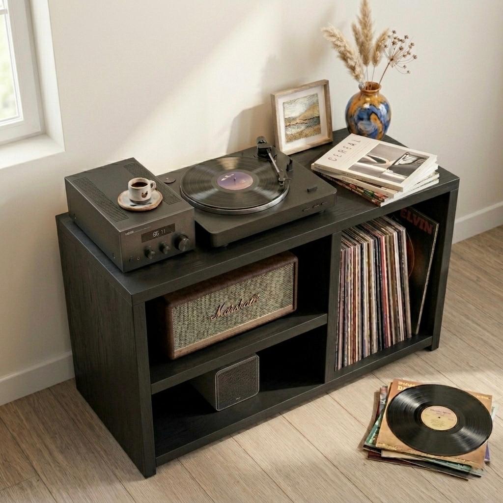 Low Record Player Stand with Vinyl Storage – Turntable Stand & LP Organizer