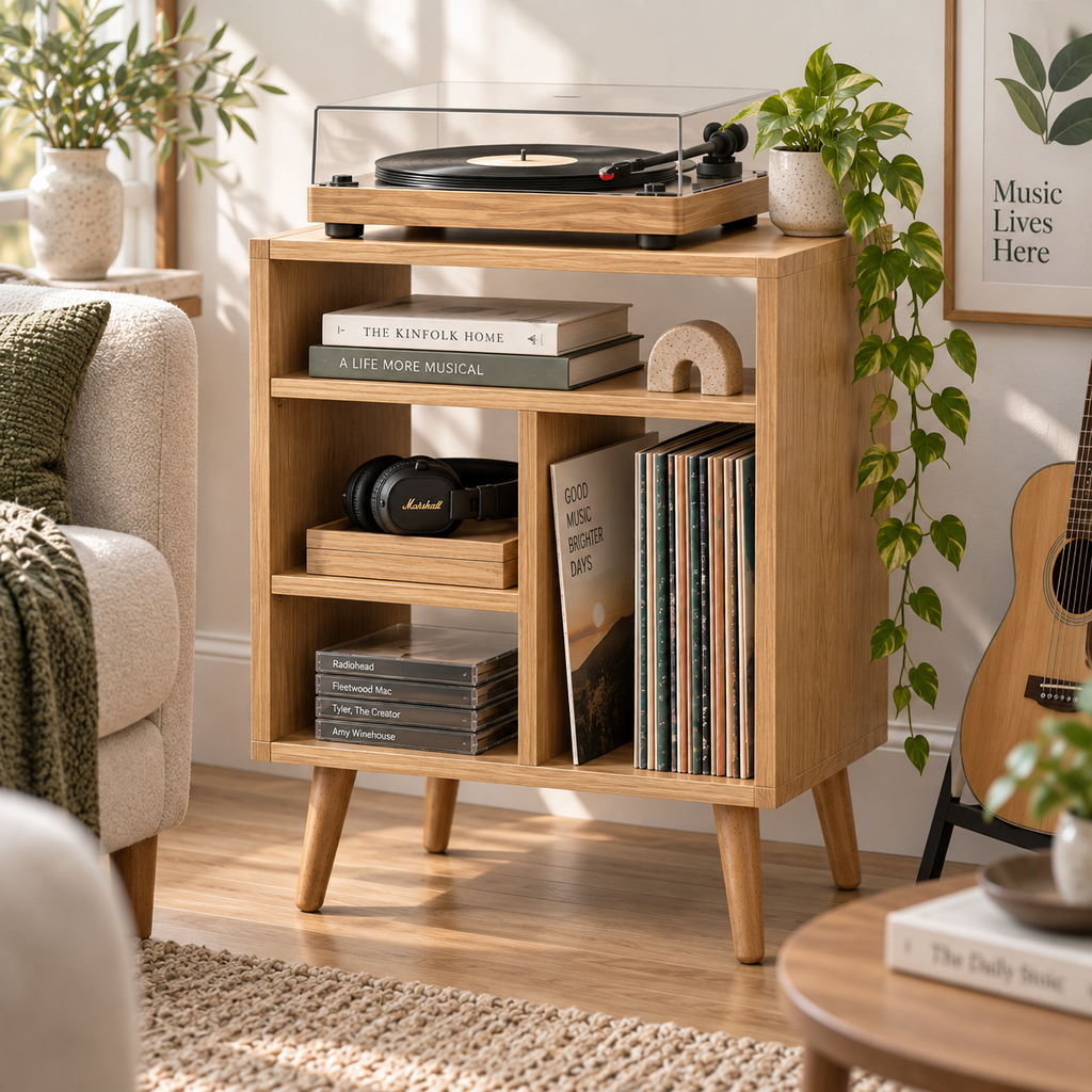 Modern Record Player Stand with Vinyl Storage – Turntable Stand & LP Organizer