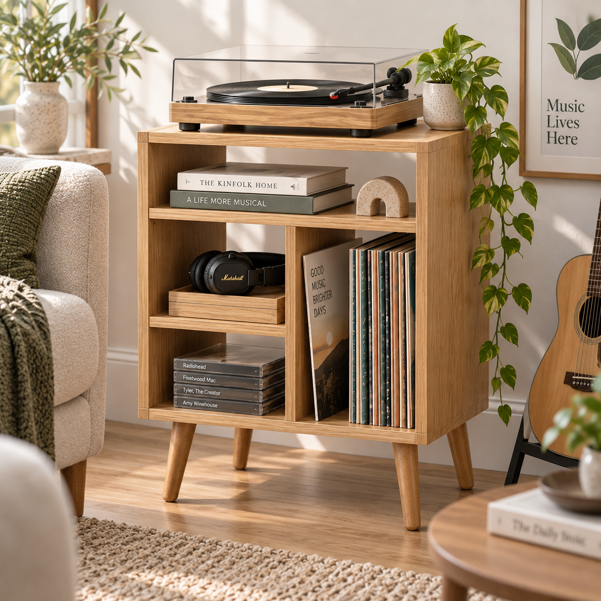 Modern Record Player Stand with Vinyl Storage – Turntable Stand & LP Organizer